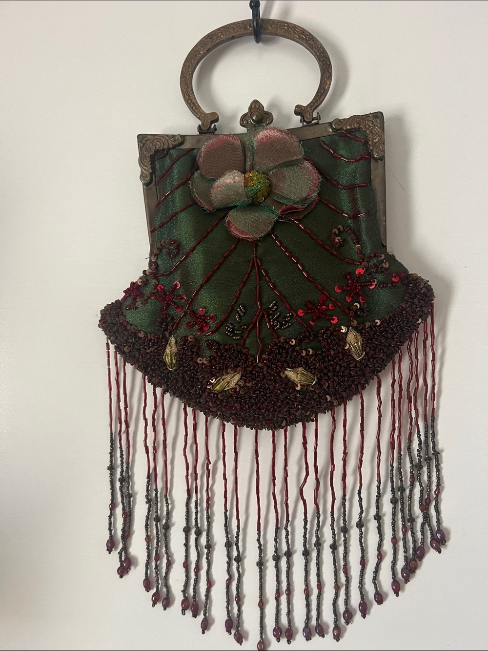 Wayne M Kleski Green Embroidered Floral Evening Clutch with Beaded Fringe